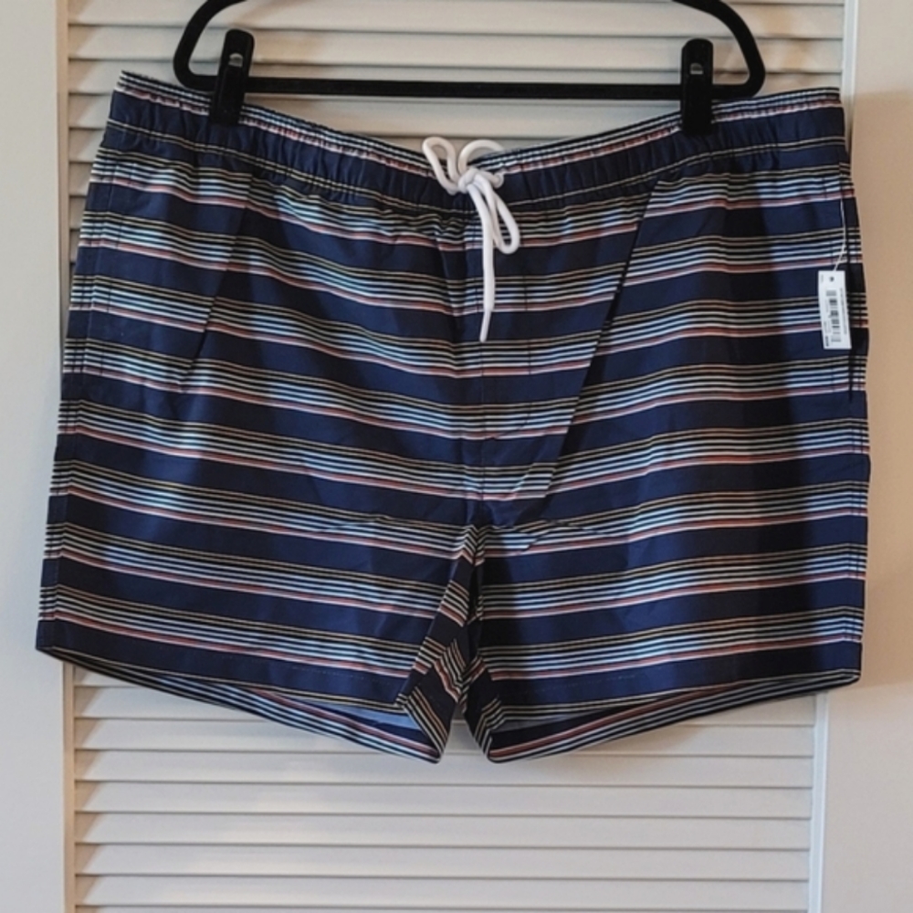 Goodthreads- (NWT) Men's Striped Swim Trunks With Pockets, Drawstring & Liner